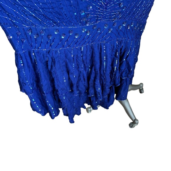 RARE Vintage 80s Judith Ann 2 pc Blue Silk Sequin Beaded Kimono Jacket and Dress - Picture 8 of 16